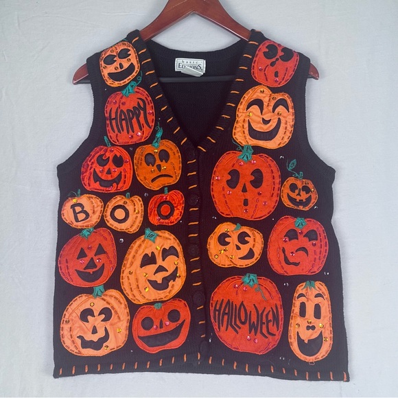 Halloween Pumpkin Sweater Vest Womens Small Appliqué Sequins Festive Holiday - Picture 8 of 8